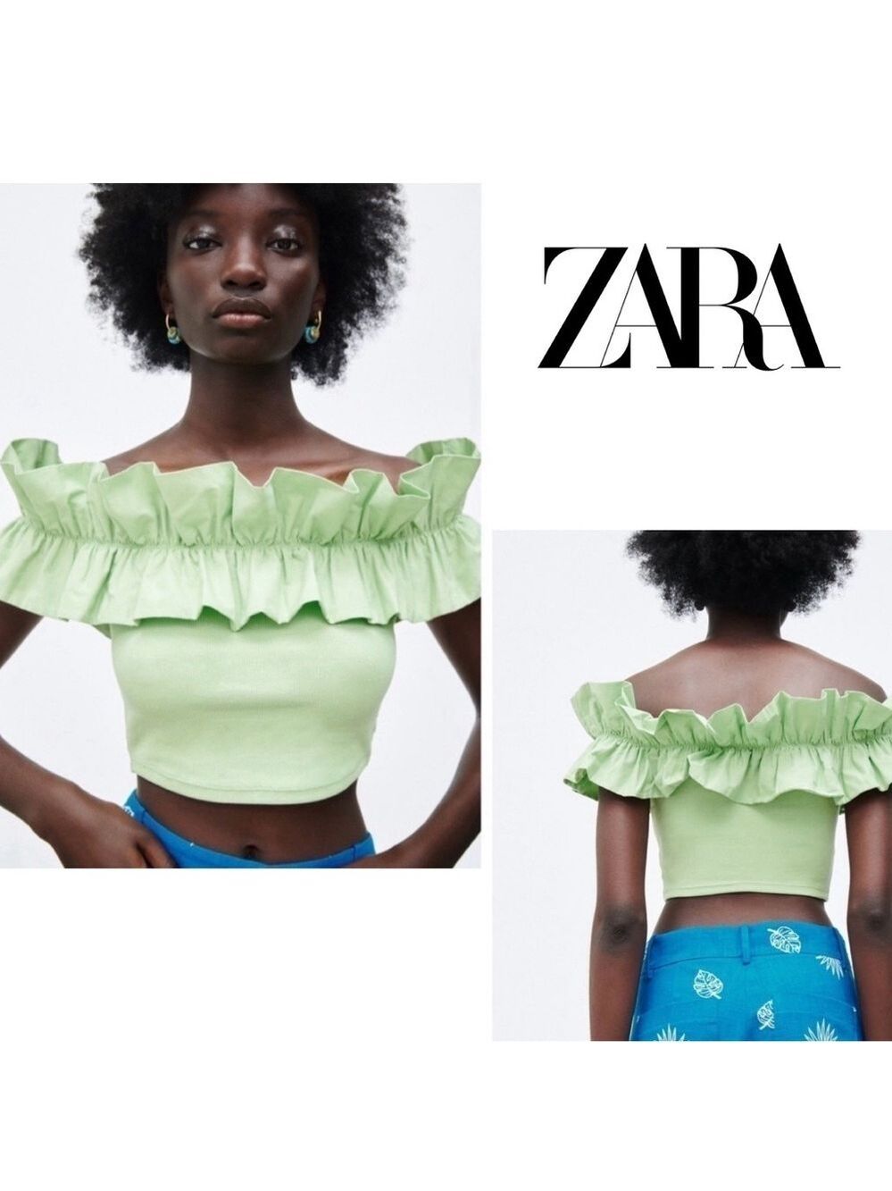 Zara green ribbed ruffle frill neckline off the shoulder fitted crop top M NWOT - Picture 12 of 12